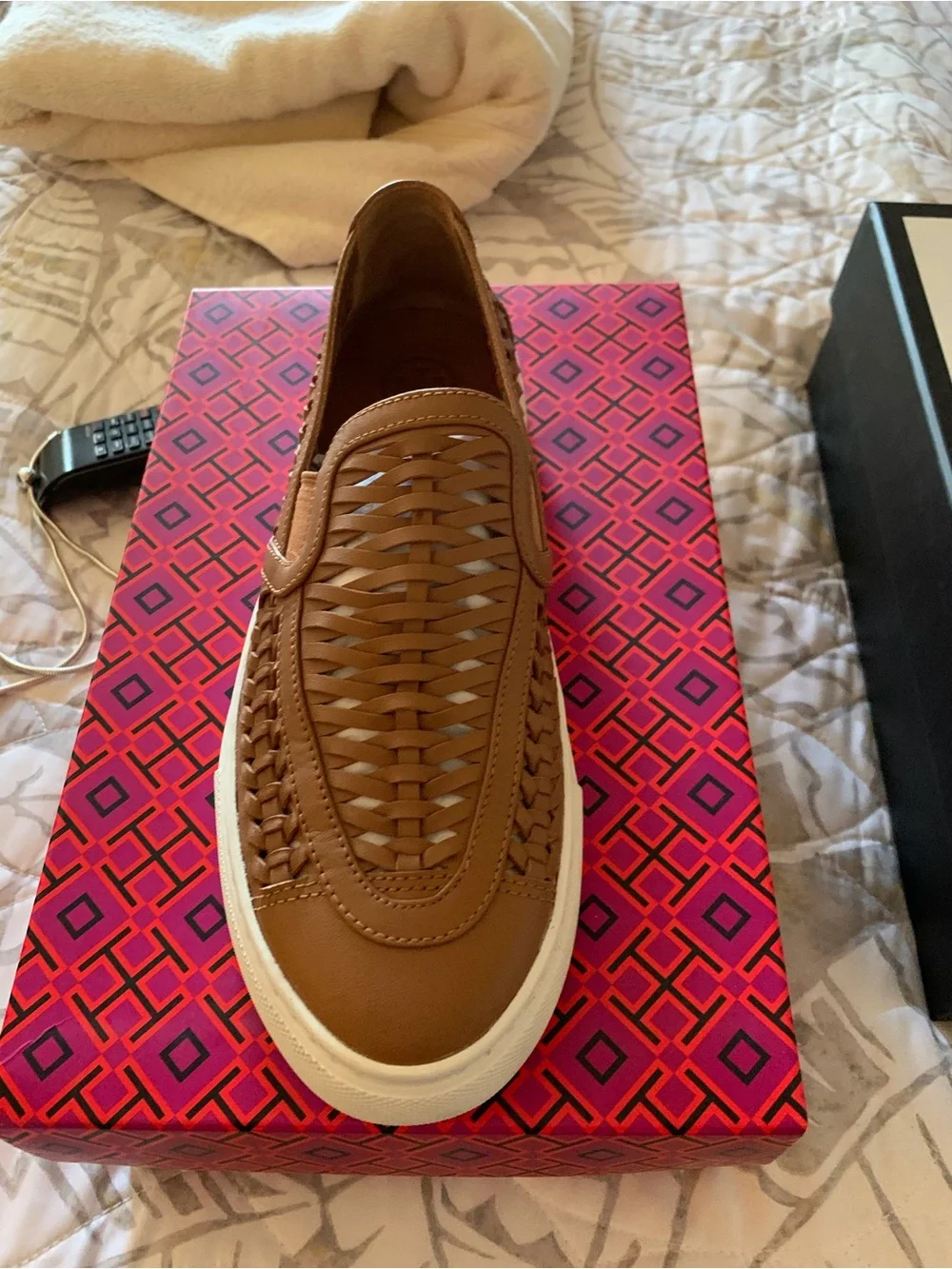 Tory Burch Tan Woven Leather Slip-On Loafer